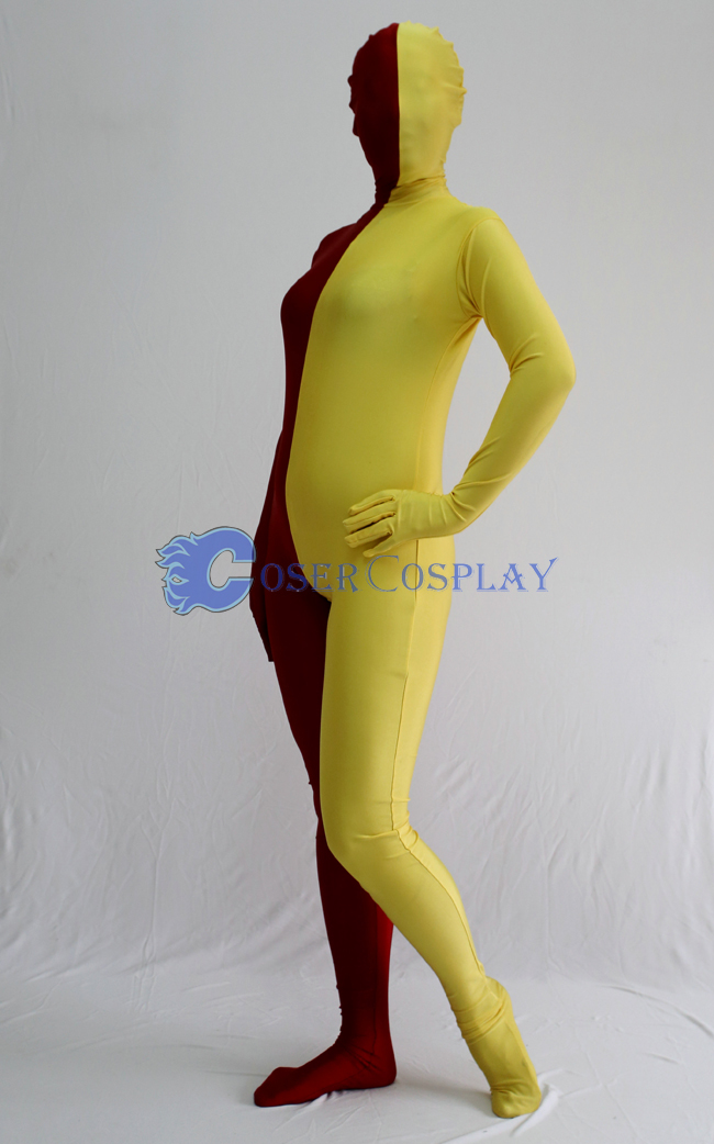 Burgundy And Yellow Split Zentai Suit